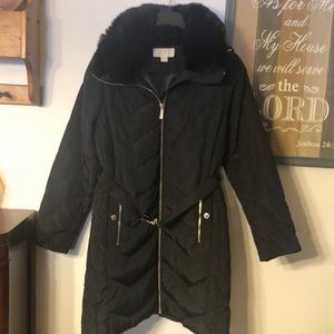Michael Kors black long coat with belt gold hardware size large only worn once